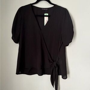 West Kei Black Sheer Wrap Blouse Tie Front Puff Sleeve Top NWT